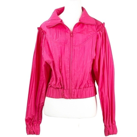 ZARA Pleated Puffed Balloon Sleeve Zip Pink Jacket Size Small - Picture 1 of 14